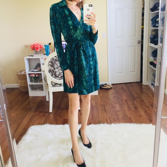 green snake print wrap dress